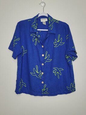 E.L.C.C blue green palm tree button front boxy vacation short sleeve top medium